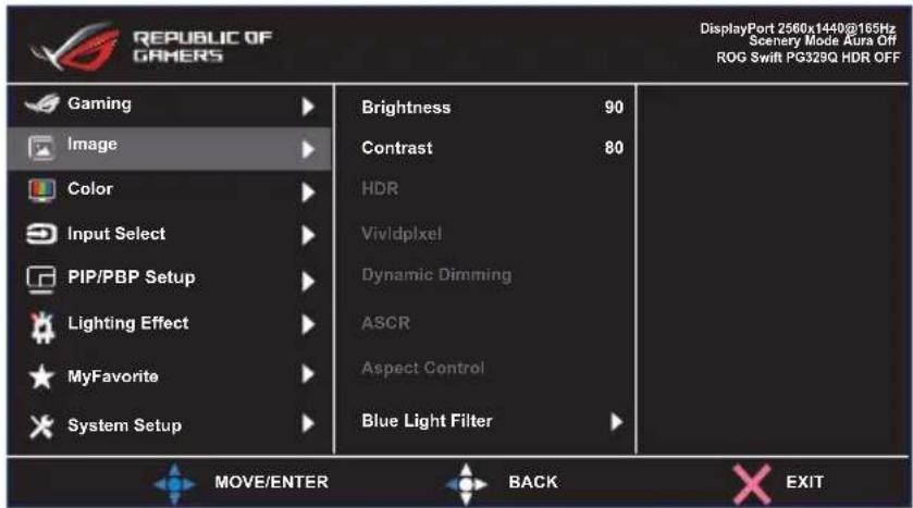 REPUBLIC OF GAMERS DisplayPort 2560x1440@165Hz Scenery Mode Aura Off ROG Swift PG329Q HDR OFF Gaming Image Color Input Select PIP/PBP Setup Lighting Effect MyFavorite System Setup Brightness 90 Contrast 80 HDR Vivldpixel Dynamic Dimming ASCR Aspect Control Blue Light Filter MOVE/ENTER BACK EXIT