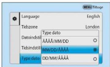Language English Tidszone London Type data AAAA/MM/DD Tidsindstill MM/DD/AAAA Type data DD/MM/AAAA