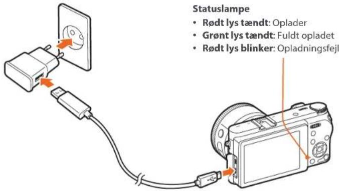 Statuslampe • Rødt lys tændt: Oplader • Grønt lys tændt: Fuld t opladet • Rødt lys blinker: Opladningsfejl