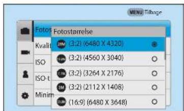 Fotos Kvalit ISO ISO-t Minim Fotostarrelse (3:2) (6480 X 4320) (3:2) (4560 X 3040) (3:2) (3264 X 2176) (3:2) (2112 X 1408) (16:9) (6480 X 3648)