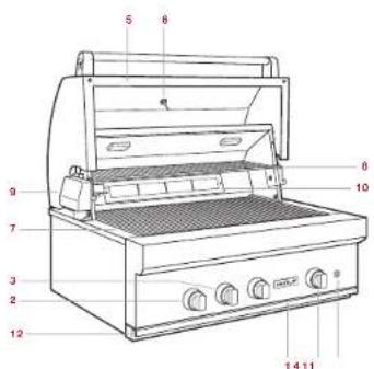 Labeled diagram of a 12-inch grill with numbered parts for identification