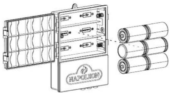 Technical line drawing of a Napolton air conditioner unit with three cylindrical batteries (no text or symbols on components)