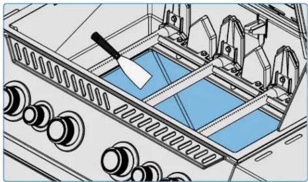 Technical line drawing of a mechanical assembly with a blue component and a white tool, no visible text or symbols
