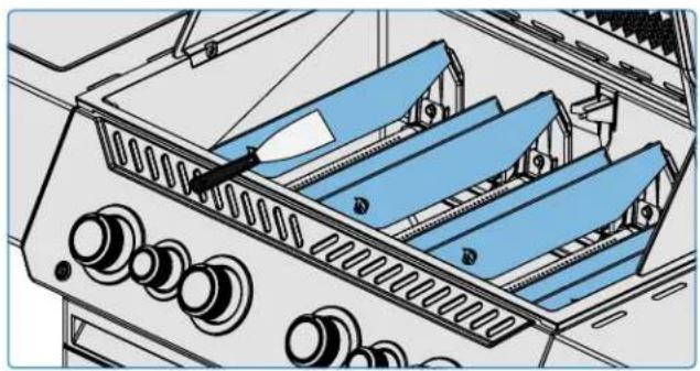 Technical line drawing of a mechanical component with blue structural ribs and ventilation slots (no text or symbols)