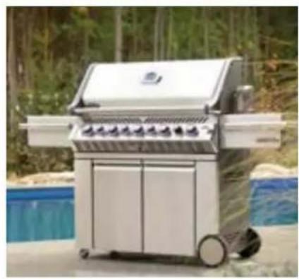 Exterior view of a modern outdoor BBQ grill with a large grater and wheels, surrounded by greenery (no visible text or symbols)