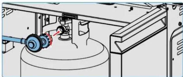 Technical line drawing of a mechanical assembly with a blue tool and red component (no text or symbols)