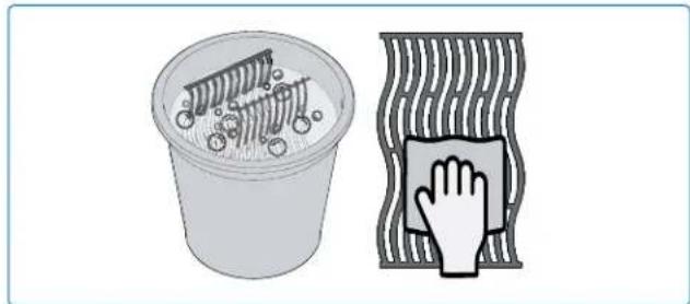 Illustration showing a plastic cup filled with food and a hand cleaning a textured surface (no text or symbols)