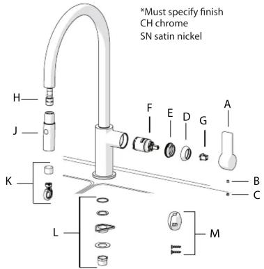 *Must specify finish CH chrome SN satin nickel H J F E D G A K B C L M