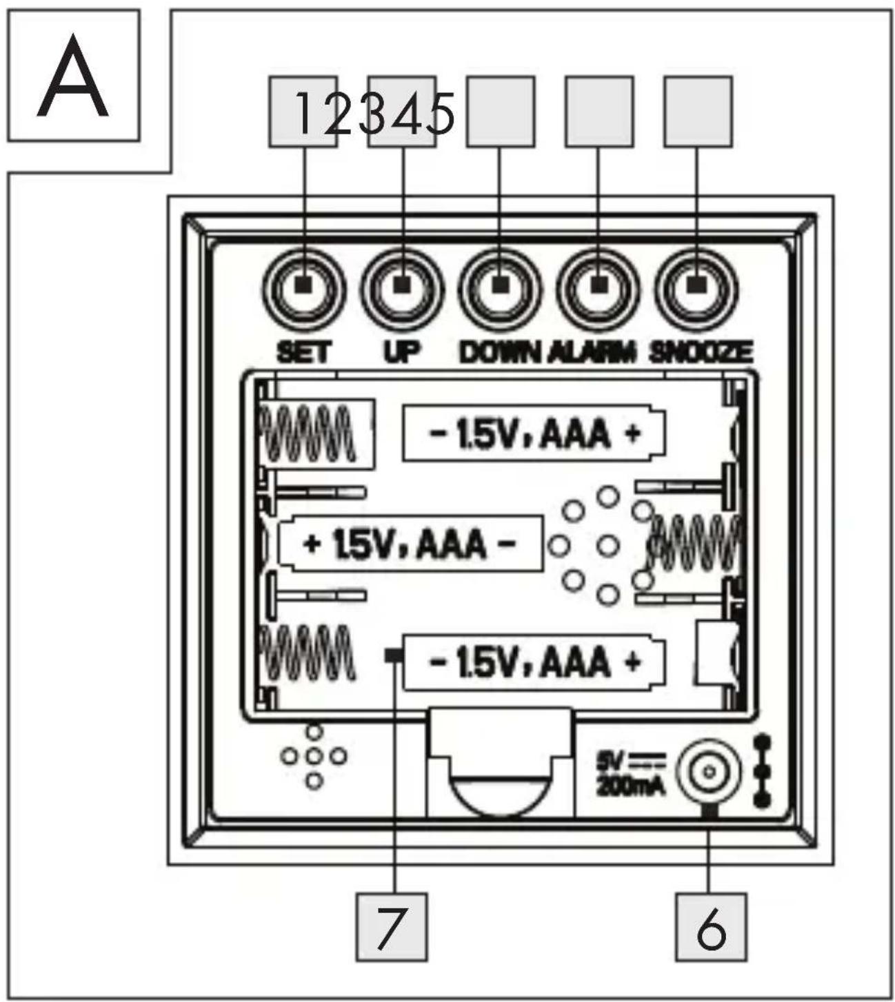 A 12345 SET UP DOWN ALARM SNOOZE - 1.5V, AAA + + 15V, AAA - - 1.5V, AAA + 5V = 200mA 7 6