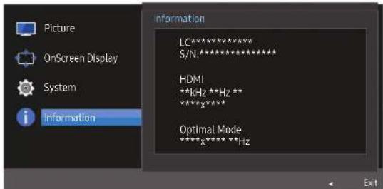 Picture OnScreen Display System Information LC***** S/N***** HDMI **kHz **Hz ** ****x**** Optimal Mode ****x***** **Hz Exit