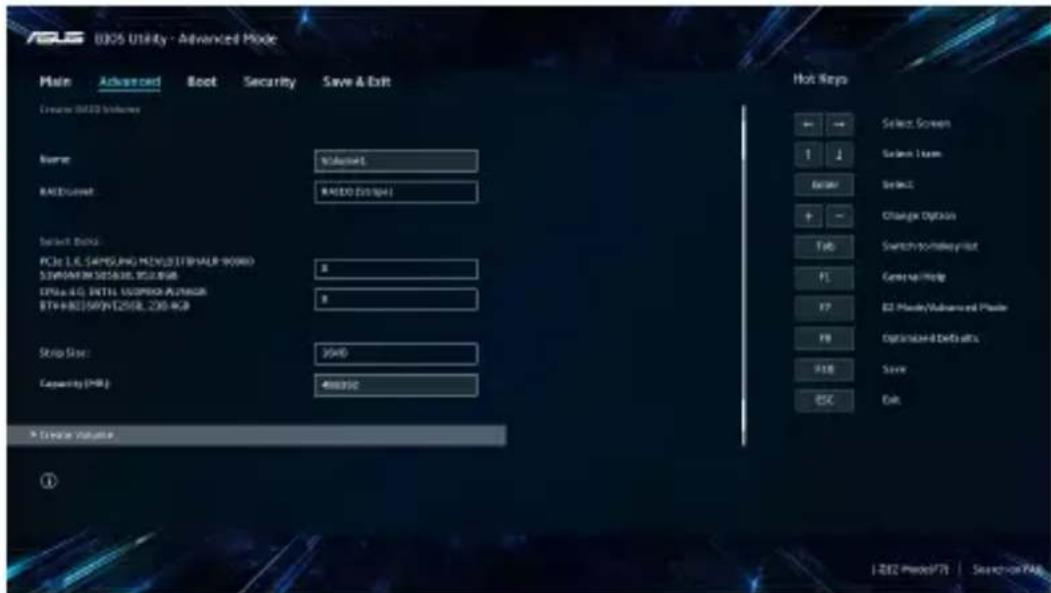 ASOS UTILITY - Advanced Mode Main Advanced Boot Security Save & Exit Create BIOS Volume Name: MIMEWEI RASSCOUNT: RASSO (2018A) Select Data: PCI: L.L. SAPENG KINJUSTIPHALB-WORD SINAMARISDS36L 250.4GB EPIA-CL INT'L USONPOK AVTAGN BTHHRS36WNT250L 200.4GB Strip Size: 2540 Capacity (MB): 400050 Hot Keys ←→ Select Screen 1 ↓ Select Enter Change Options Tab Switch to/Modify List F1 General Help F7 EU Play/Voltanced Player F9 Optimized Data bits F18 Save ESC Exit ▶ Create Value ① ©202 PwodelFTI | Search on PAE