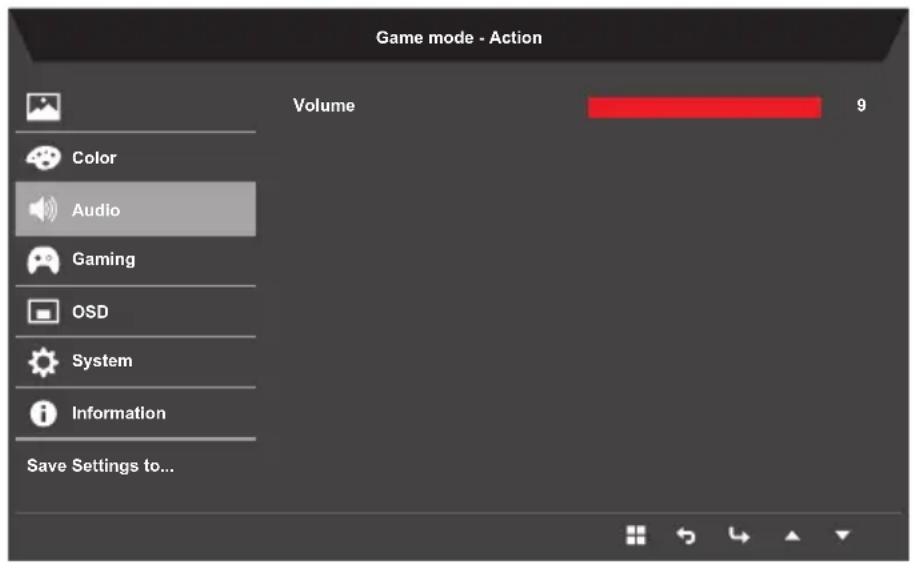 Game mode - Action Volume 9 Color Audio Gaming OSD System Information Save Settings to...