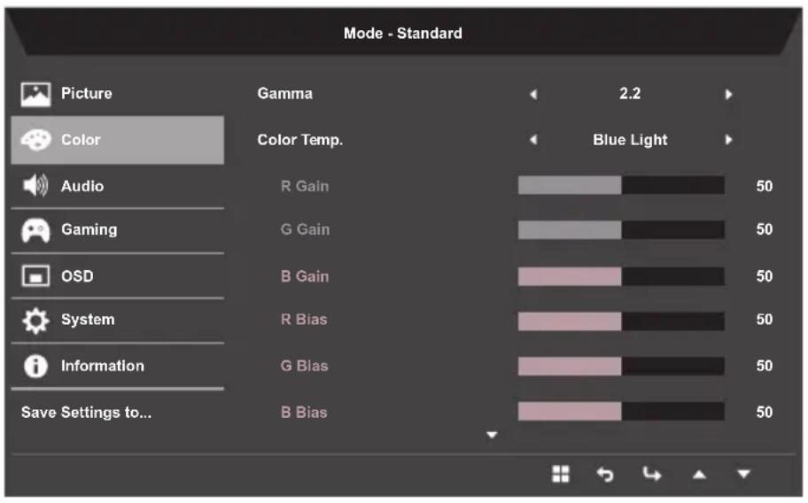 Mode - Standard Picture Gamma 2.2 Color Color Temp. Audio R Gain 50 Gaming G Gain 50 OSD B Gain 50 System R Bias 50 Information G Bias 50 Save Settings to... B Bias 50 Blue Light
