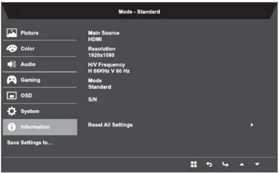 Mode - Standard Picture Color Audio Gaming OSD System Information Save Settings to... Main Source HDMI Resolution 1920x1080 H/V Frequency H 66KHz V 60 Hz Mode Standard S/N Reset All Settings