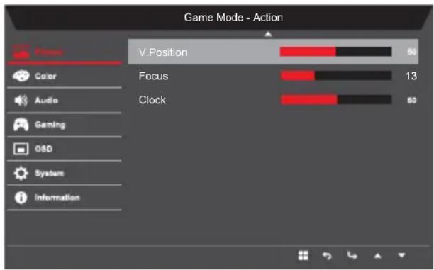 Game Mode - Action V.Position 50 Focus 13 Clock 60 Color Audio Gaming OSD System Information