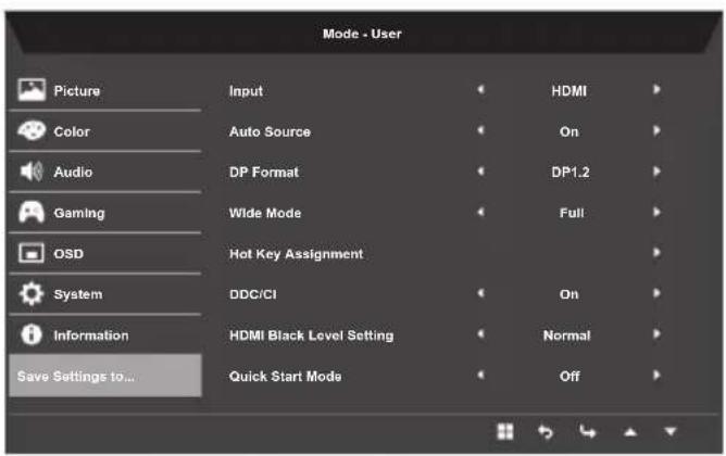 Mode - User Picture Color Audio Gaming OSD System Information Save Settings to... Input Auto Source DP Format Wide Mode Hot Key Assignment DDC/CI HDMI Black Level Setting Quick Start Mode HDMI On DP1.2 Full On Normal Off