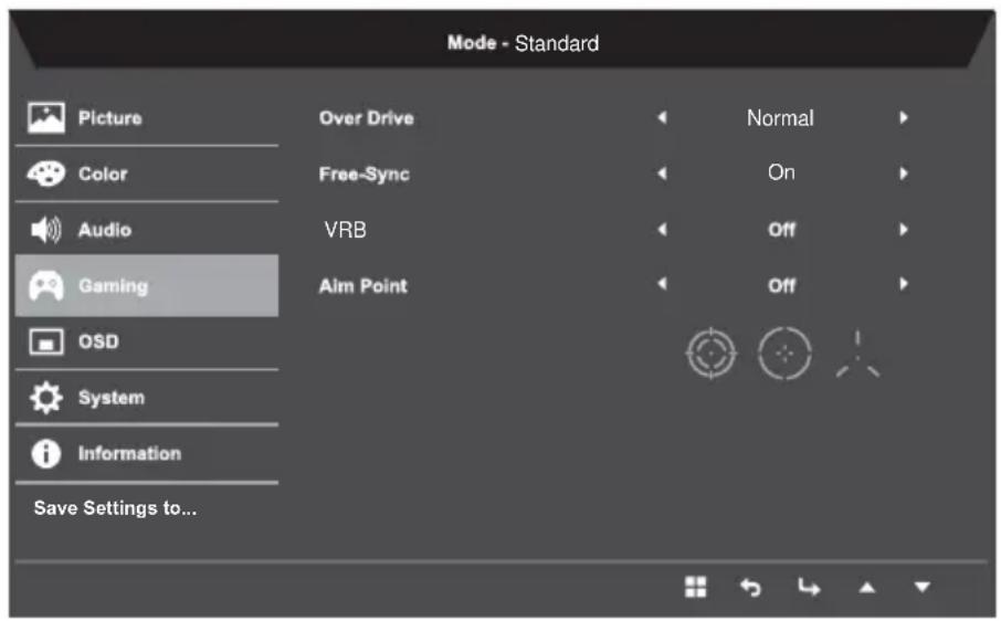 Mode - Standard Picture Over Drive Normal Color Free-Sync On Audio VRB Off Gaming Alm Point Off OSD System Information Save Settings to...