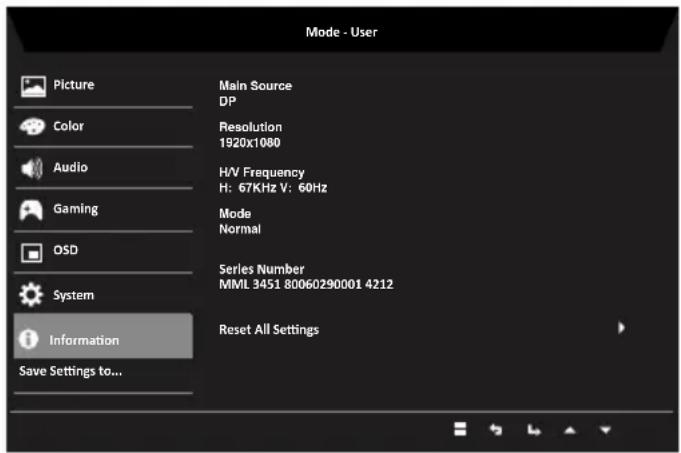 Mode - User Picture Color Audio Gaming OSD System Information Save Settings to... Main Source DP Resolution 1920x1080 H/V Frequency H: 67KHz V: 60Hz Mode Normal Series Number MML 3451 80060290001 4212 Reset All Settings