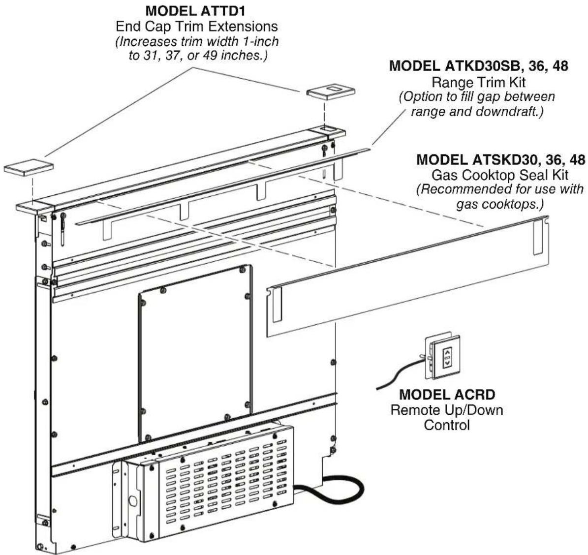 MODEL ATTD1 End Cap Trim Extensions (Increases trim width 1-inch to 31, 37, or 49 inches.) MODEL ATKD30SB, 36, 48 Range Trim Kit (Option to fill gap between range and downdraft.) MODEL ATSKD30, 36, 48 Gas Cooktop Seal Kit (Recommended for use with gas cooktops.) MODEL ACRD Remote Up/Down Control