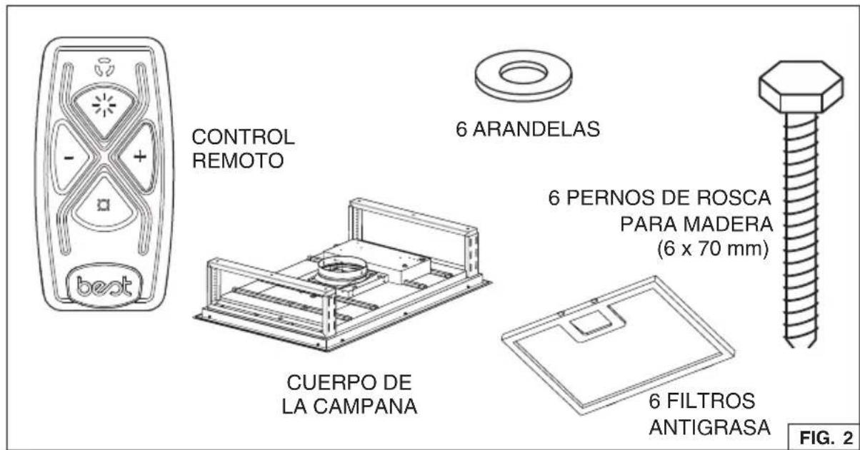 CONTROL REMOTO 6 ARANDELAS CUERPO DE LA CAMPANA 6 PERNOS DE ROSCA PARA MADERA (6 x 70 mm) 6 FILTROS ANTIGRASA FIG. 2