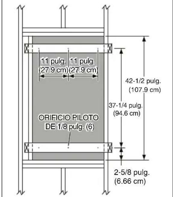 11 pulg. 11 pulg. (27.9 cm) (27.9 cm) 42-1/2 pulg. (107.9 cm) 37-1/4 pulg. (94.6 cm) ORIFICIO PILOTO DE 1/8 pulg. (6) 2-5/8 pulg. (6.66 cm)