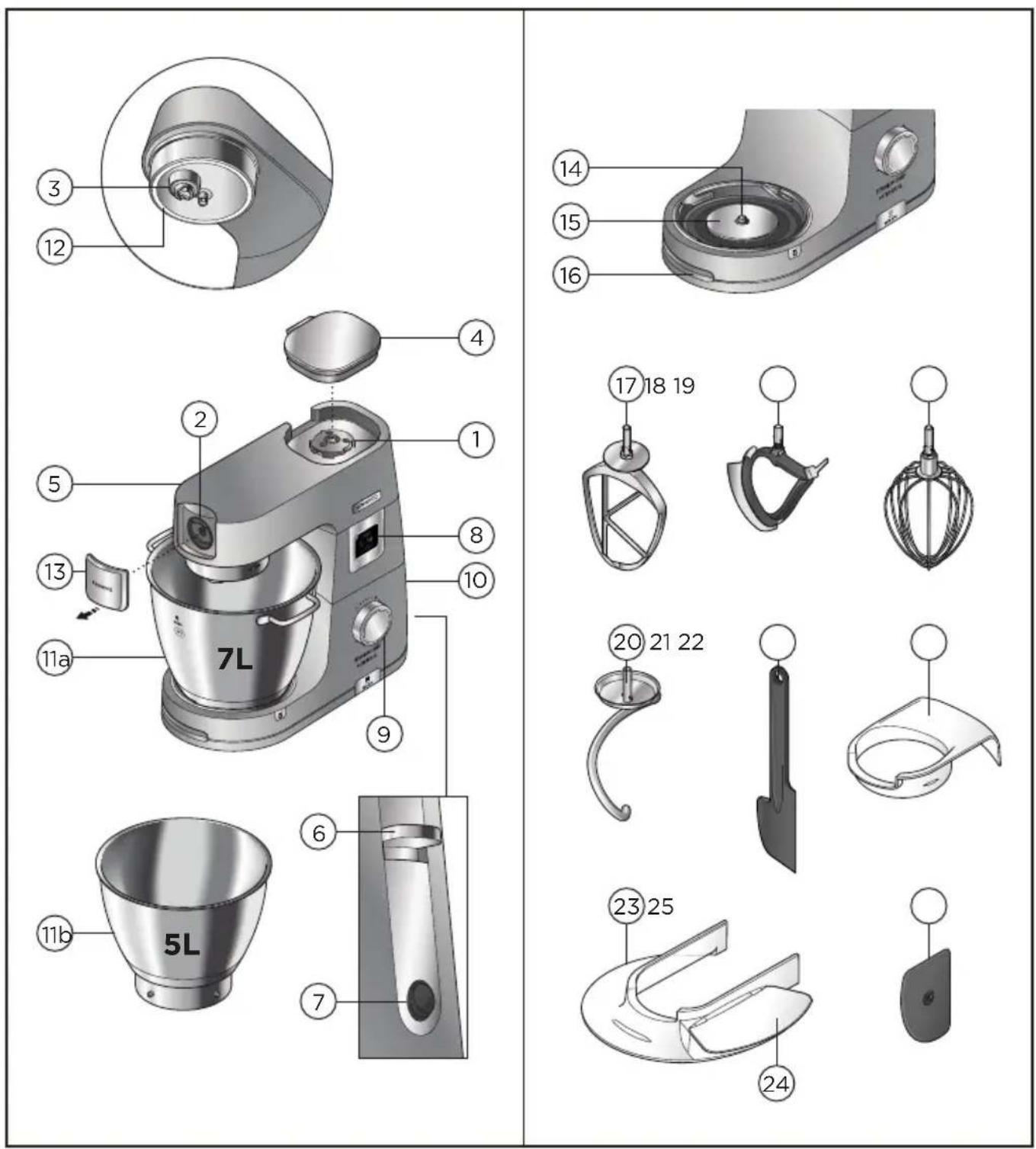 Technical diagram of a kitchen appliance with numbered parts and exploded view, including a 7L model and various kitchen components.