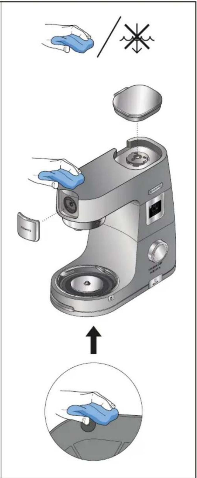 Diagram illustrating the step-by-step installation of a coffee maker with cleaning, showing hand placement and cleaning process.