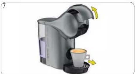 Illustration of a coffee maker with a cup and side arm, showing yellow directional arrows indicating motion (no text or symbols)