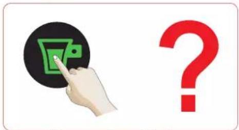 Illustration showing a hand interacting with a green icon on a black circular button next to a large red question mark (no text or symbols)