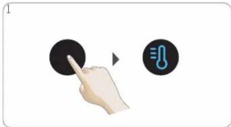Illustration showing a hand pointing at a black circular button with a thermometer icon, indicating temperature measurement or sensor input.