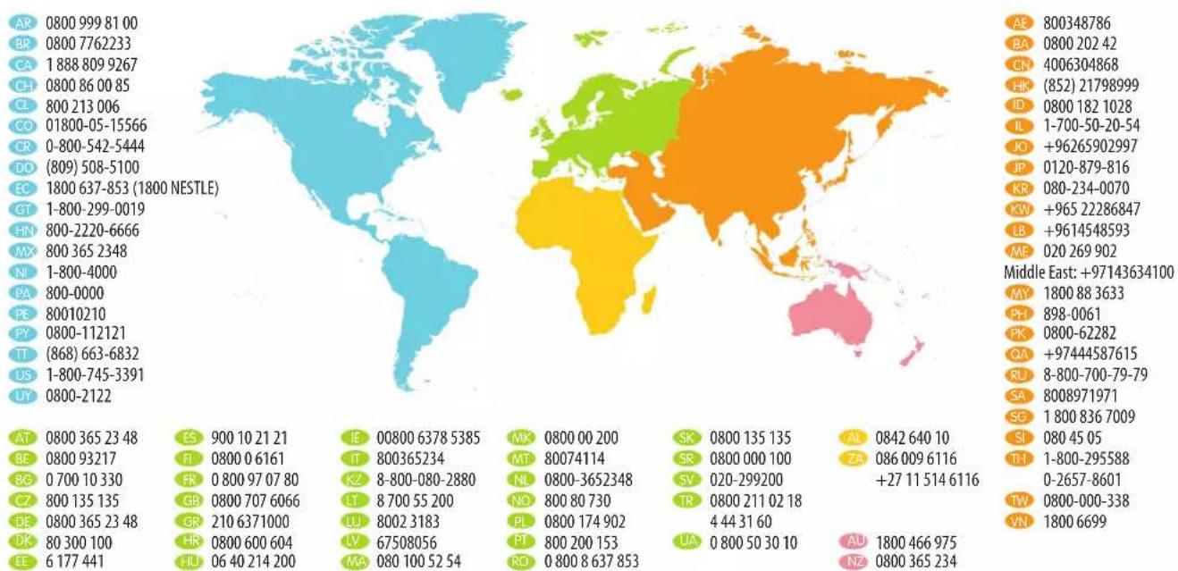 | Country | Value | | :--- | :--- | | AR | 0800 999 81 00 | | BR | 0800 7762233 | | CA | 1 888 809 9267 | | CH | 0800 86 00 85 | | CL | 800 213 006 | | CO | 01800-05-15566 | | CR | 0-800-542-5444 | | DO | (809) 508-5100 | | EC | 1800 637-853 (1800 NESTLE) | | GT | 1-800-299-0019 | | HN | 800-2220-66…