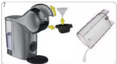 Illustration of a smart coffee maker with a funnel pouring liquid into a container, alongside a separate view of its packaging (no text or symbols present).