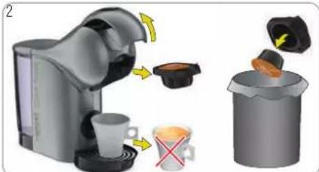Illustration showing a coffee maker's processing steps: adding a cup, using a tray, and removing a coffee cup with a red 'X' symbol.