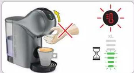Illustration showing a coffee machine with a red X mark and a lightbulb icon, alongside an hourglass symbolizing time or duration.