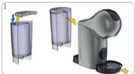 Three-step illustration of a handwashing device with arrows indicating the process.