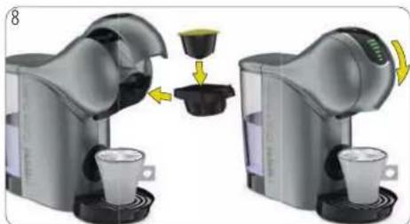 Two identical robotic coffee machines with cups and a coffee maker, showing a yellow arrow indicating rotation (no text or symbols).