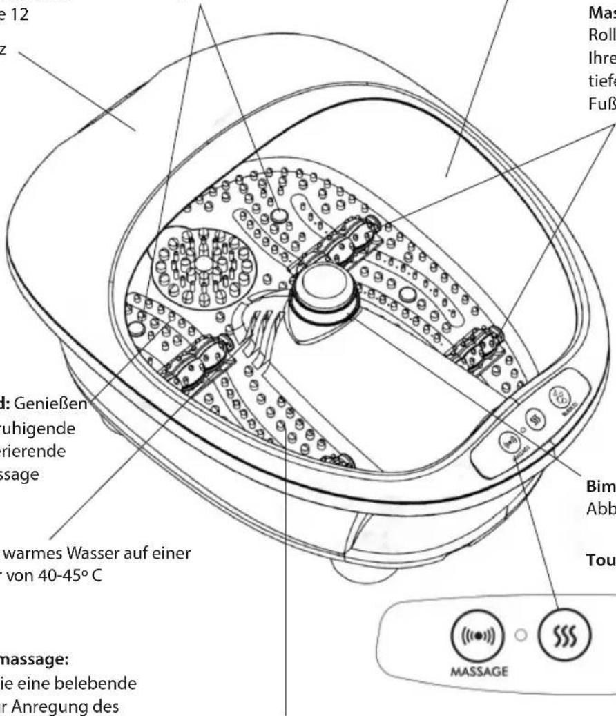 e 12 z Mas Roll Ihre tiefe Fuß d: Genießen uhigende rierende ssage warmes Wasser auf einer von 40-45°C Bim Abb Tou massage: ie eine belebende r Anregung des MASSAGE