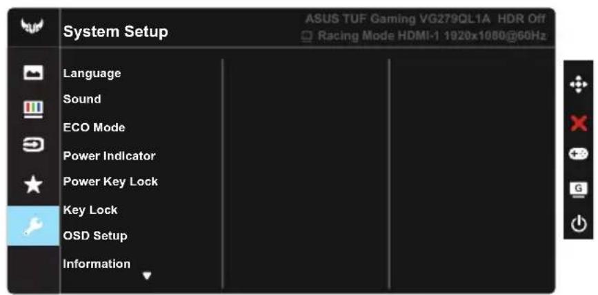 ASUS TUF Gaming VG279QL1A HDR Off Racing Mode HDMI-1 1920x1080@60Hz System Setup Language Sound ECO Mode Power Indicator Power Key Lock Key Lock OSD Setup Information