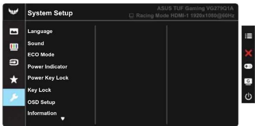 ASUS TUF Gaming VG279Q1A Racing Mode HDMI-1 1920x1080@60Hz System Setup Language Sound ECO Mode Power Indicator Power Key Lock Key Lock OSD Setup Information