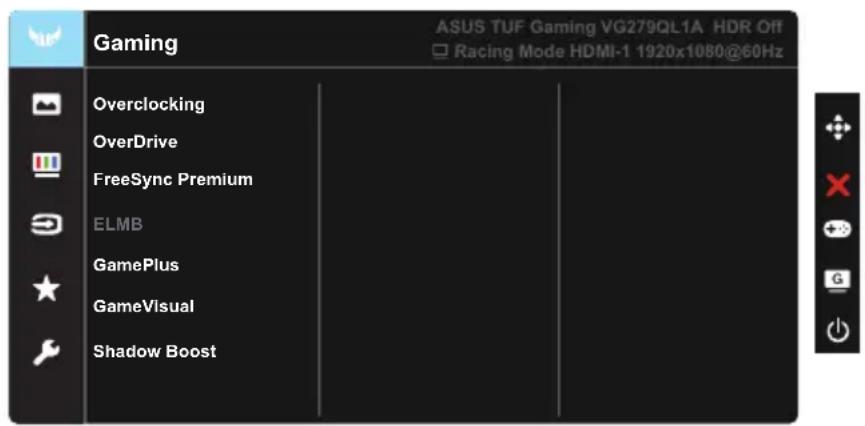 Gaming Overclocking OverDrive FreeSync Premium ELMB GamePlus GameVisual Shadow Boost ASUS TUF Gaming VG279QL1A HDR Off □ Racing Mode HDMI-1 1920x1080@60Hz