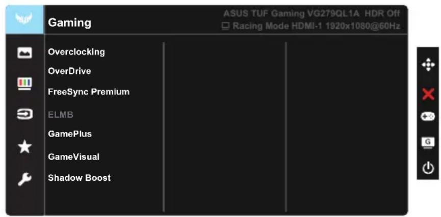 Gaming Overclocking OverDrive FreeSync Premium ELMB GamePlus GameVisual Shadow Boost ASUS TUF Gaming VG279QL1A HDR Off □ Racing Mode HDMI-1 1920x1080@60Hz