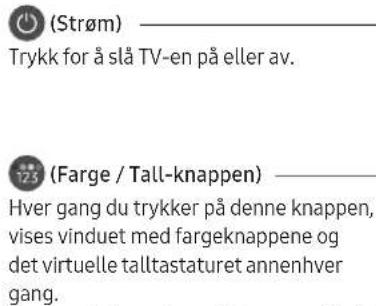 (Strøm) Trykk for å slå TV-en på eller av. (Farge / Tall-knappen) Hver gang du trykker på denne knappen, vises vinduet med fargeknappene og det virtuelle talltastaturet annenhver gang.