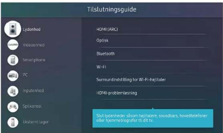Tilslutningsguide Lydenhed Vidocenhed Smartphone PC Inputenhed Spikonsol Eksternt lager HDMI (ARC) Optisk Bluetooth Wi-Fi Surroundindstilling for Wi-Fi-højttaler HDMI-problemløsning Slut lydenheder såsom højttalere, soundbars, hovedtelefoner eller hjemmebiografer til dlt tv.