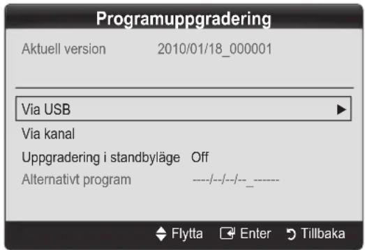 Programuppgradering Aktuell version 2010/01/18_000001 Via USB Via kanal Uppgradering i standbyläge Off Alternativt program ----/---/---/- Flytta Enter Tillbaka