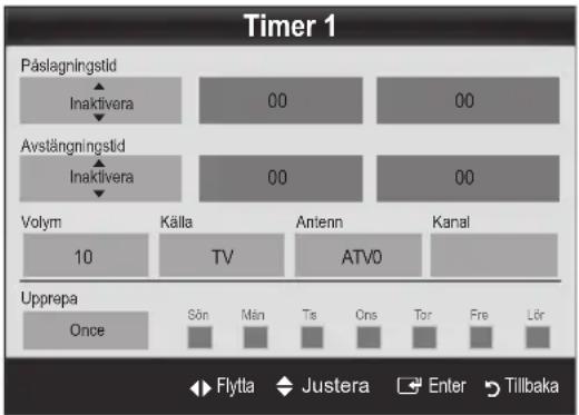 Timer 1 Päslagningstid Inaktivera 00 00 Avstängningstid Inaktivera 00 00 Volym 10 Källa TV Antenn ATVO Kanal Upprepa Once Sön Män Ts Cns Tor Fre Lör Flytta Justera Enter Tillbaka
