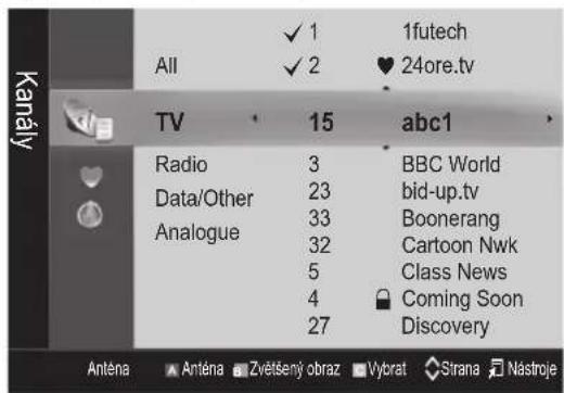 Kanály All ✓ 1 ✓ 2 1futech ♥ 24ore.tv TV 15 abc1 Radio 3 BBC World Data/Other 23 bid-up.tv Analogue 33 Boonerang 32 Cartoon Nwk 5 Class News 4 Coming Soon 27 Discovery Anténa Anténa Zvětšený obraz Vybrat Strana Nástroje