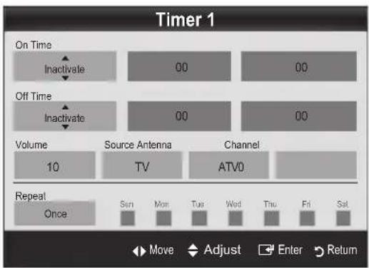 Timer 1 On Time Inactivate 00 00 Off Time Inactivate 00 00 Volume 10 Source Antenna Channel TV ATV0 Repeat Once Sun Mon Tue Wed Thu Fri Sat Move Adjust Enter Return