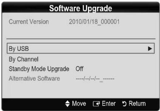 Software Upgrade Current Version 2010/01/18_000001 By USB By Channel Standby Mode Upgrade Off Alternative Software ----/--/--/----_ Move Enter Return