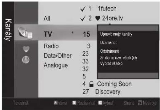 1futech All 2 ♥ 24ore.tv TV 15 Radio 3 Data/Other 23 Analogue 33 5 4 ⚪ Coming Soon 27 Discovery Upravit moje kanály Uzamknut Odstränene Zrušenie ozn. všetkých Vybrat všetko Terestříál Anténa Roztiahnut Mybrat Strana Nástroje