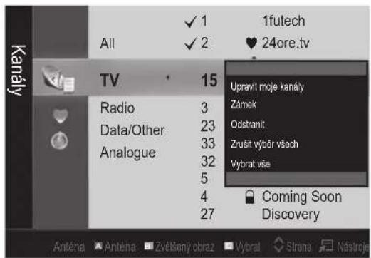 1futech All ✓ 1 ✓ 2 ♥ 24ore.tv TV 15 Radio 3 Data/Other 23 Analogue 33 5 4 27 Upravit moje kanály Zámek Odstranit Zrušit výběr všech Vybrat vše Coming Soon Discovery Anténa Anténa Zvělšený obraz Vybrat Strana Nástroje